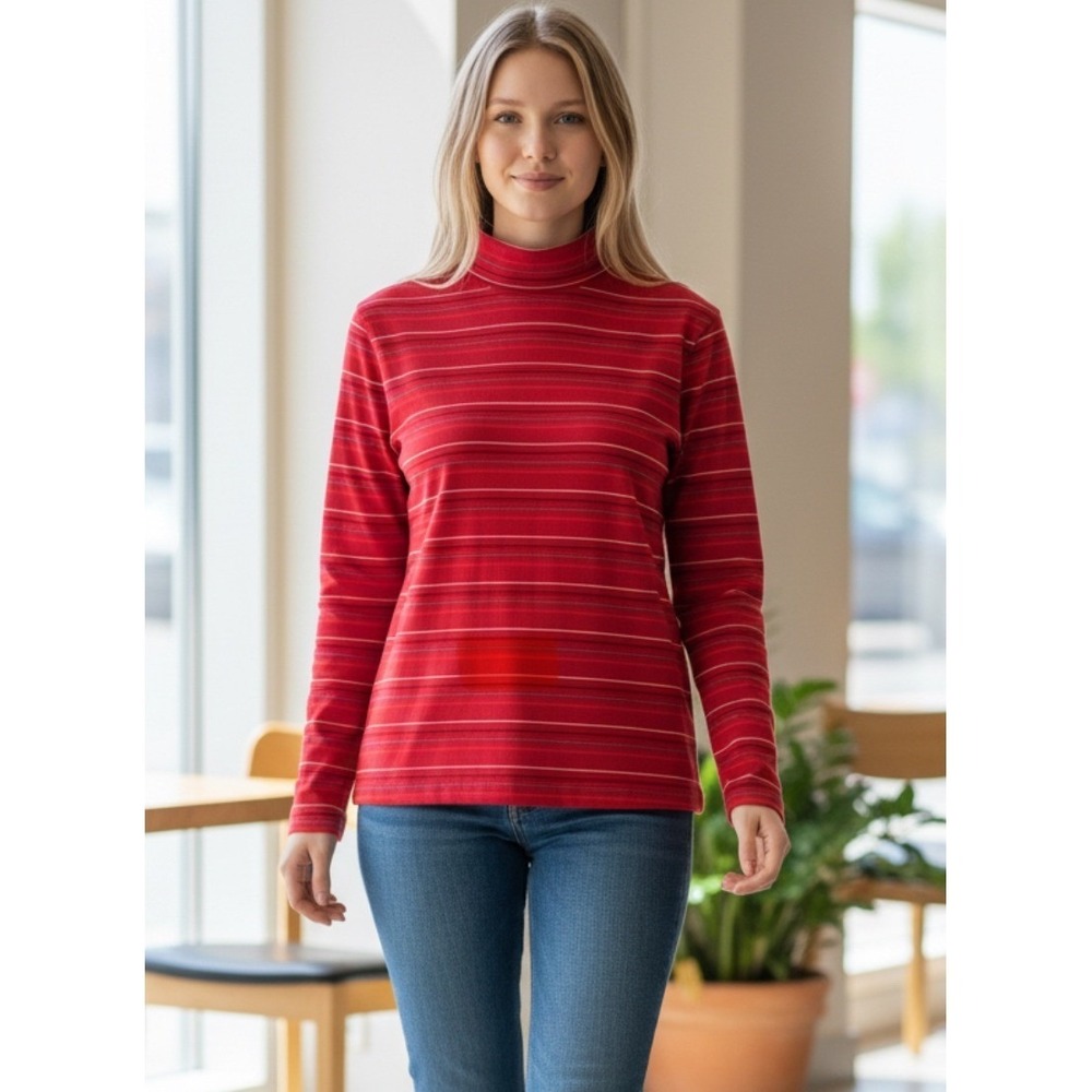 Lands End Red Multi Stripe Turtleneck Long Sleeve Top L T‎ 14 16